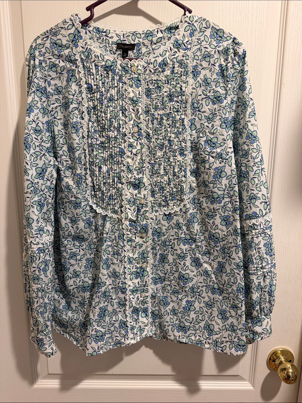 Talbots Blue & Green Floral Pintuck Cotton Blouse